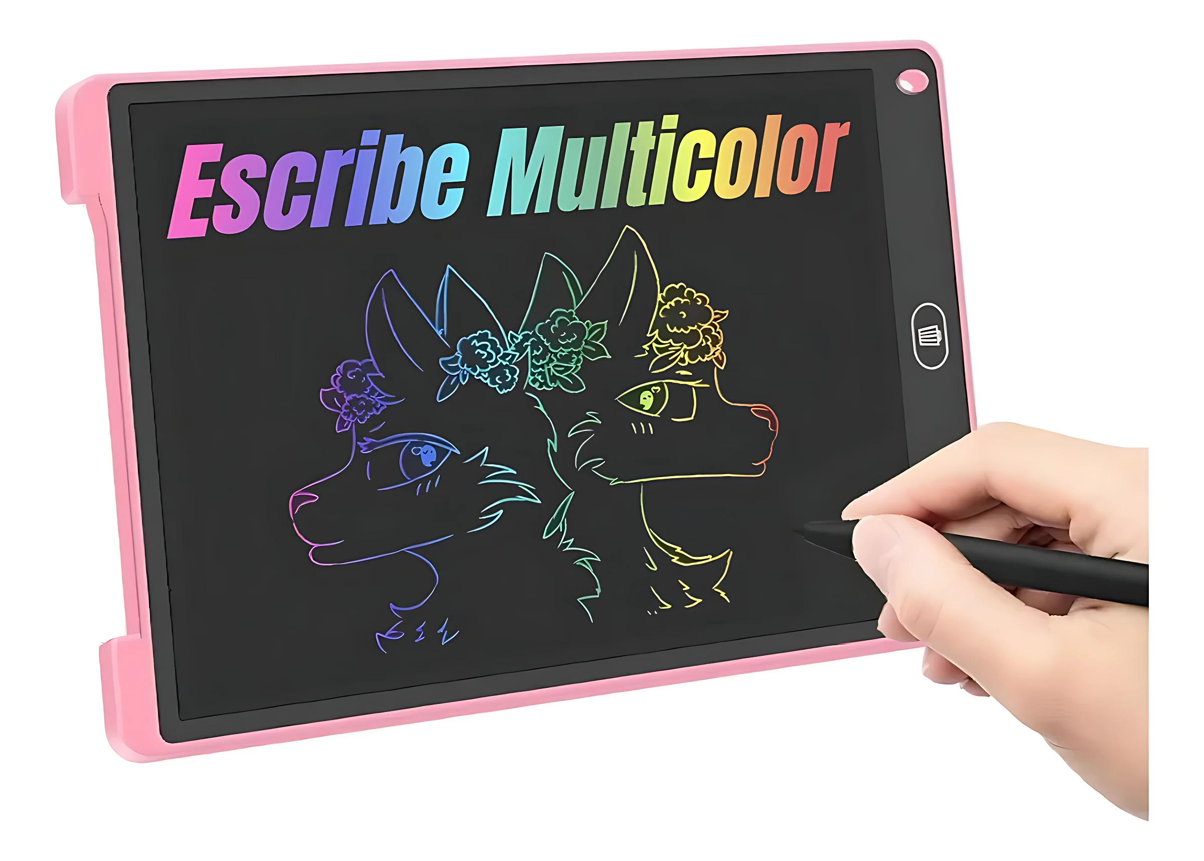 Tablero mágico de 12 pulgadas con marco rosa, mostrando dibujos multicolores de dos gatos y texto en colores arcoíris; mano sosteniendo lápiz negro.