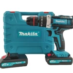 Taladro inalámbrico Makita 36V con mandril metálico, color azul turquesa y negro, acompañado de dos baterías de 3.0Ah y estuche de transporte.