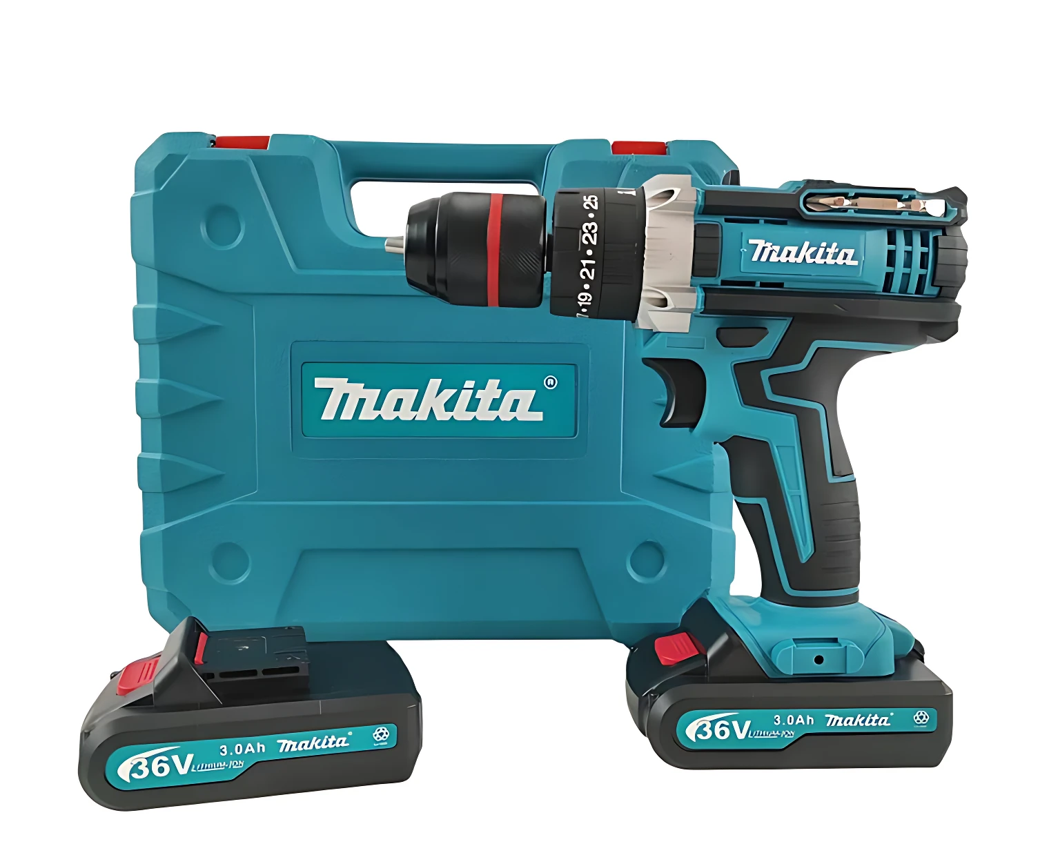 Taladro inalámbrico Makita 36V con mandril metálico, color azul turquesa y negro, acompañado de dos baterías de 3.0Ah y estuche de transporte.