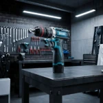 Taladro percutor Makita 24V sin cable, color azul y negro, sobre mesa de trabajo en taller con herramientas colgadas al fondo.