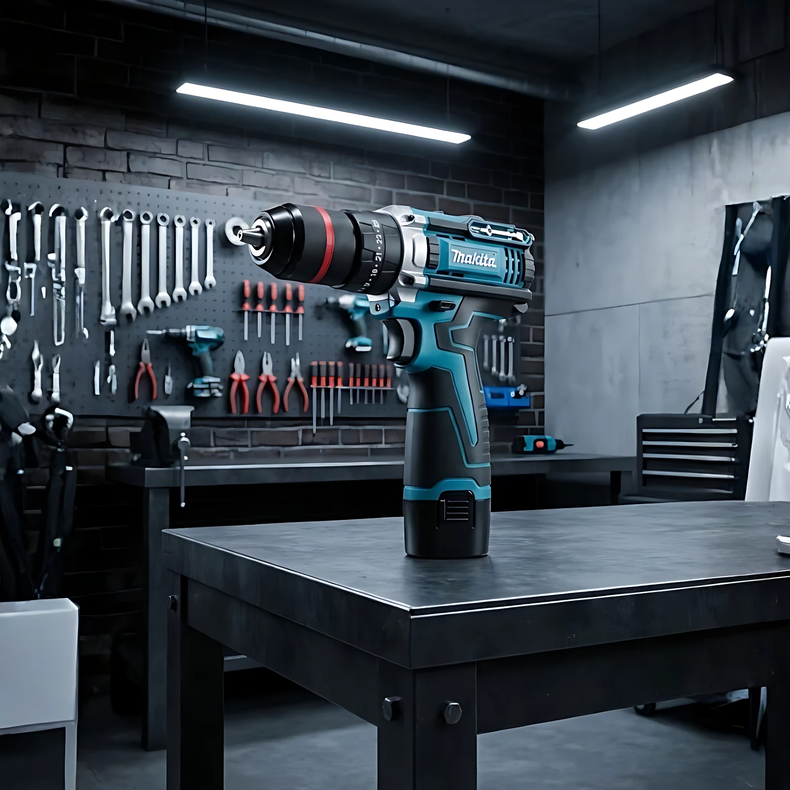 Taladro percutor Makita 24V sin cable, color azul y negro, sobre mesa de trabajo en taller con herramientas colgadas al fondo.