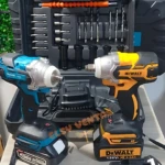 Taladro inalámbrico DeWalt 128V en caja de transporte con 23 accesorios organizados, incluye dos baterías recargables y cargador.