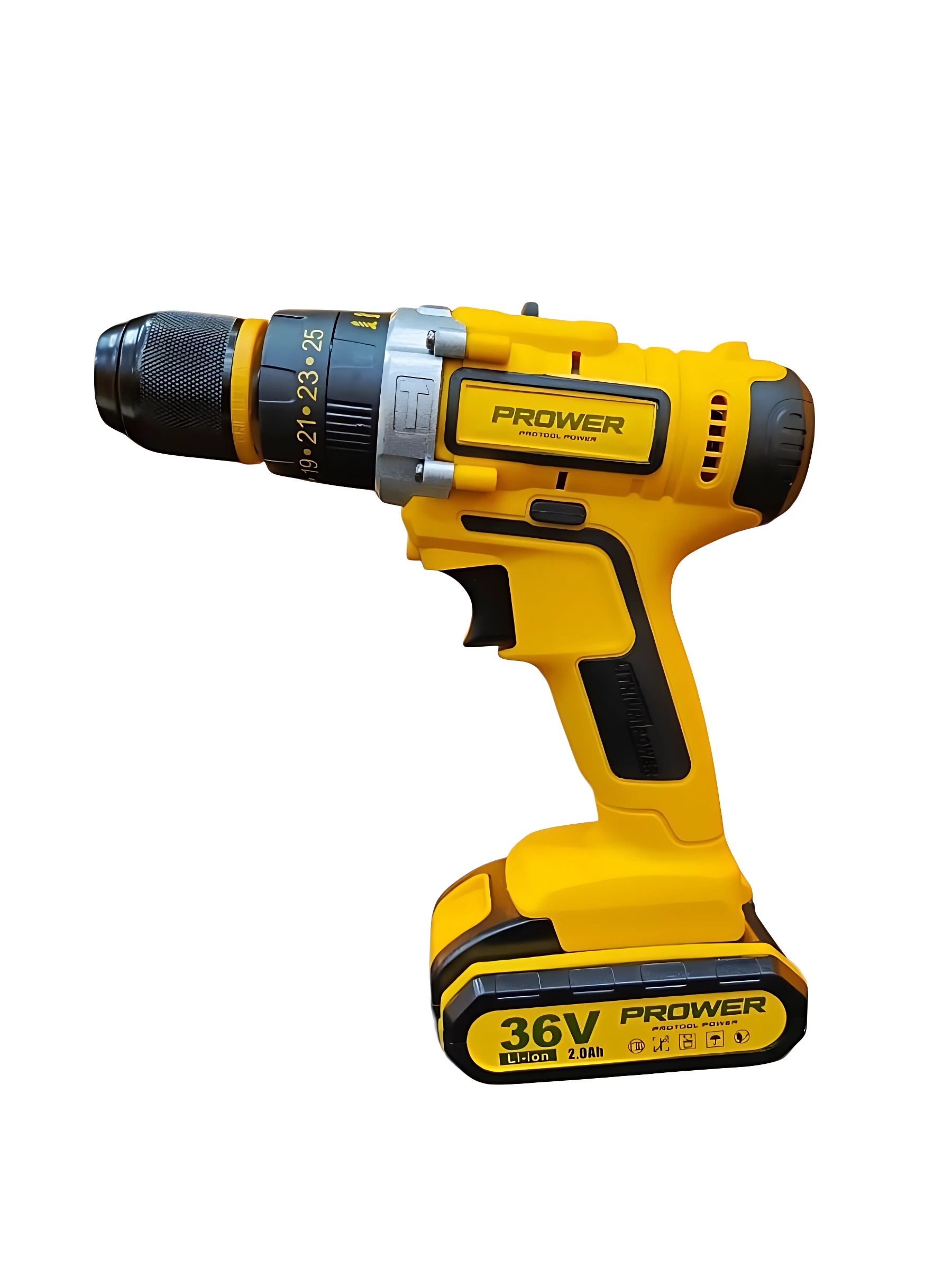 Taladro percutor PROWER 36V amarillo con mango ergonómico, batería integrada y pantalla LCD visible en el cuerpo.