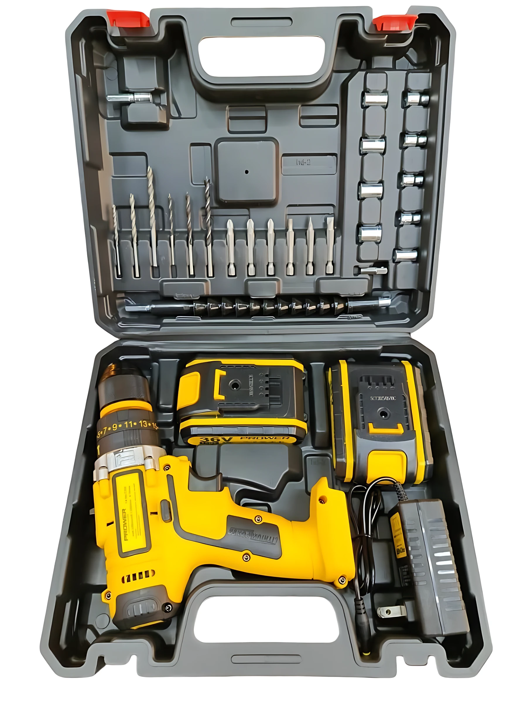 Taladro percutor PROWER 36V amarillo en estuche abierto, con batería, cargador y juego de brocas organizadas por tamaño.