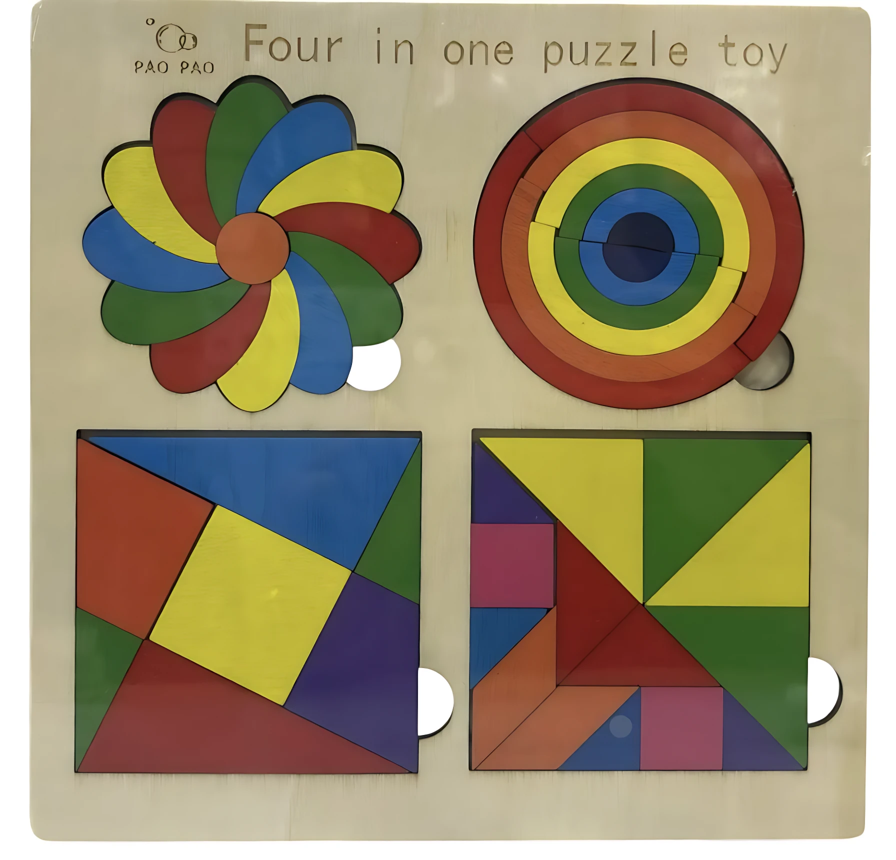 Juego educativo de madera con cuatro rompecabezas: flor de pétalos multicolores, círculo de anillos concéntricos y dos tableros de tangram con piezas geométricas en colores vivos.