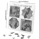 Juego de rompecabezas 4 en 1 de madera, con piezas geométricas en tonos grises y blancos, mostrando cuatro diseños distintos y piezas sueltas dispersas, con medidas de 22,5 cm por 8,86 pulgadas.