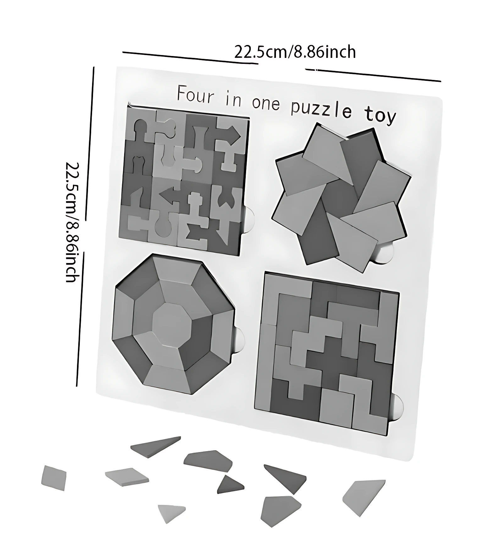 Juego de rompecabezas 4 en 1 de madera, con piezas geométricas en tonos grises y blancos, mostrando cuatro diseños distintos y piezas sueltas dispersas, con medidas de 22,5 cm por 8,86 pulgadas.