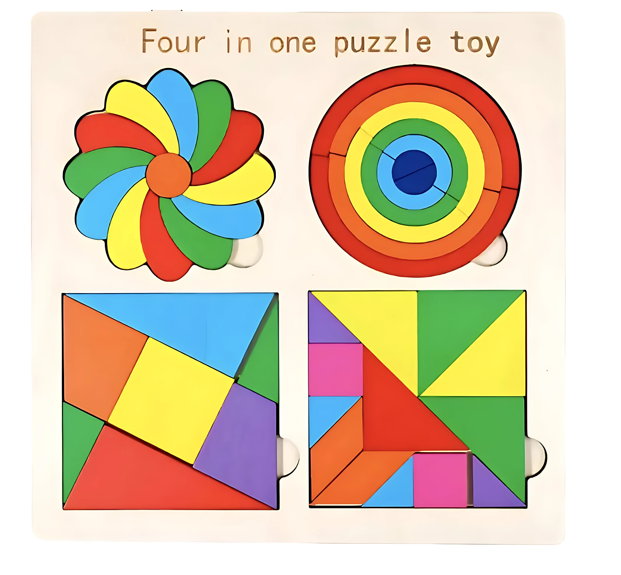 Juego educativo de madera con cuatro diseños geométricos: flor, círculo, rombos y cuadrados, ideal para niños.
