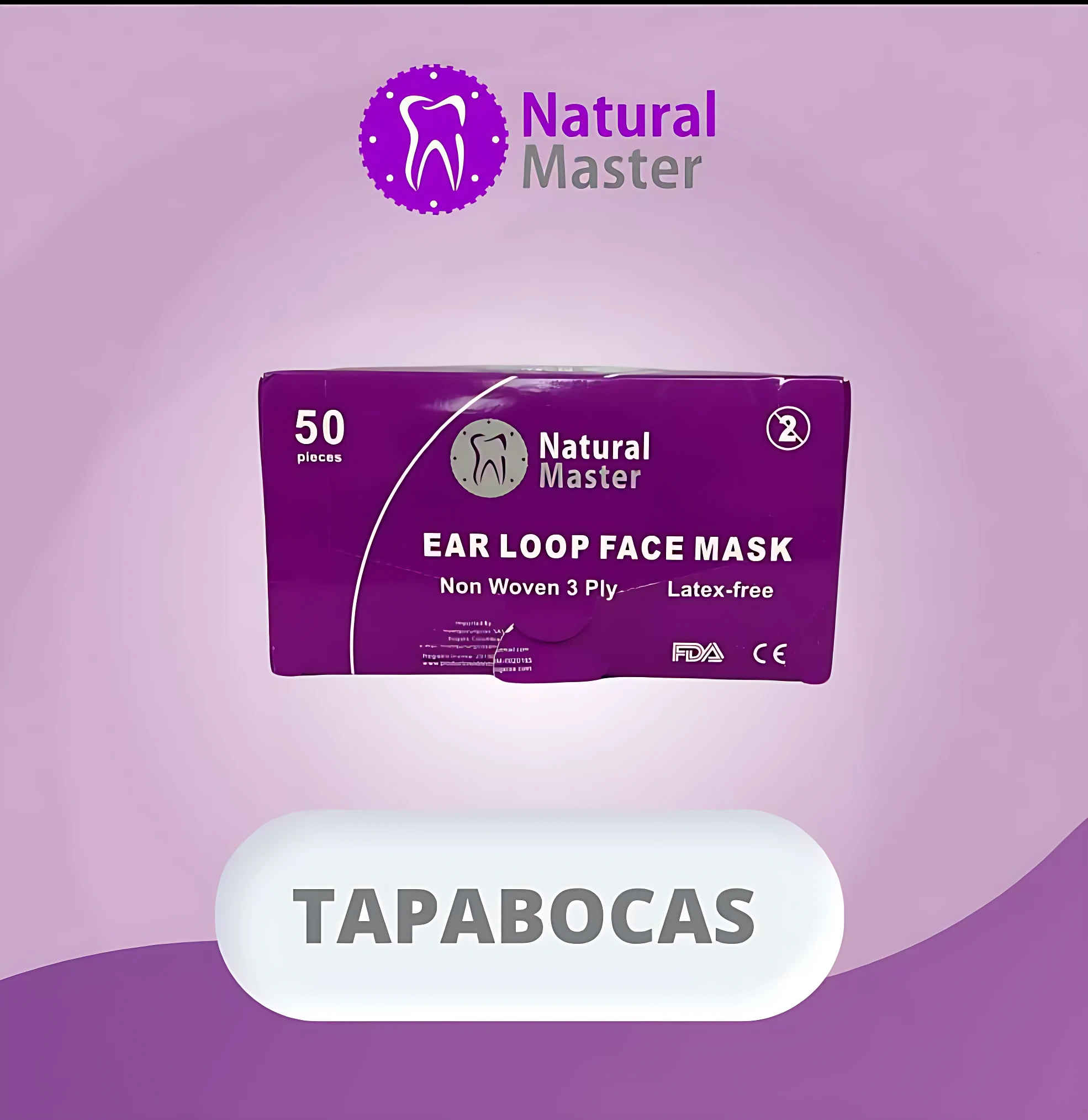 Pack de 50 tapabocas quirúrgicos sin alambre, triple capa, sin látex, marca Natural Master, sobre fondo morado con logotipo y texto en español.