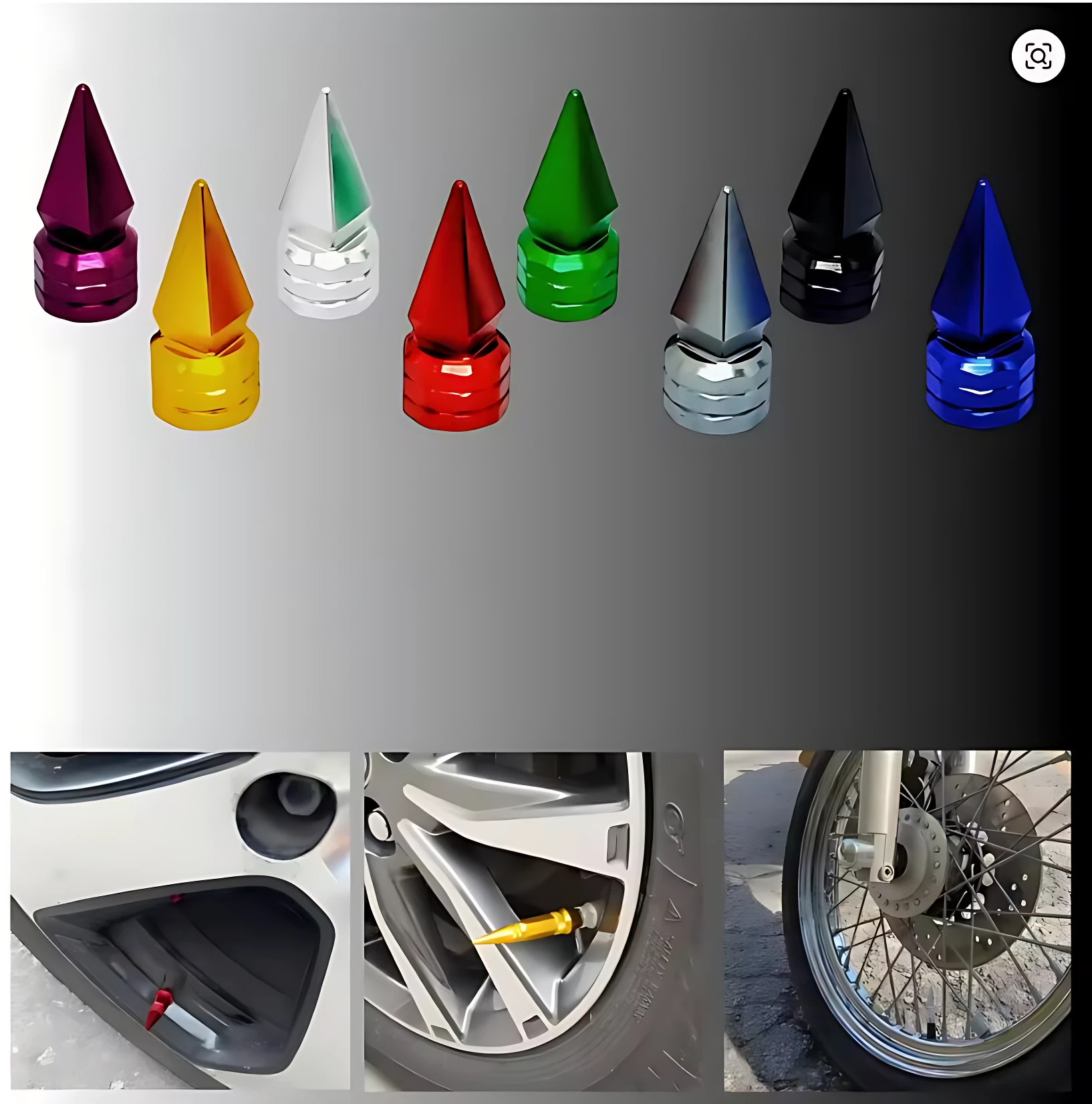 Set de tres tapas de válvula tipo spike en aluminio, disponibles en colores rojo, verde, azul, negro, blanco, amarillo y plateado. Se muestran montadas en llantas de auto y moto, con diseño puntiagudo y acabado brillante.