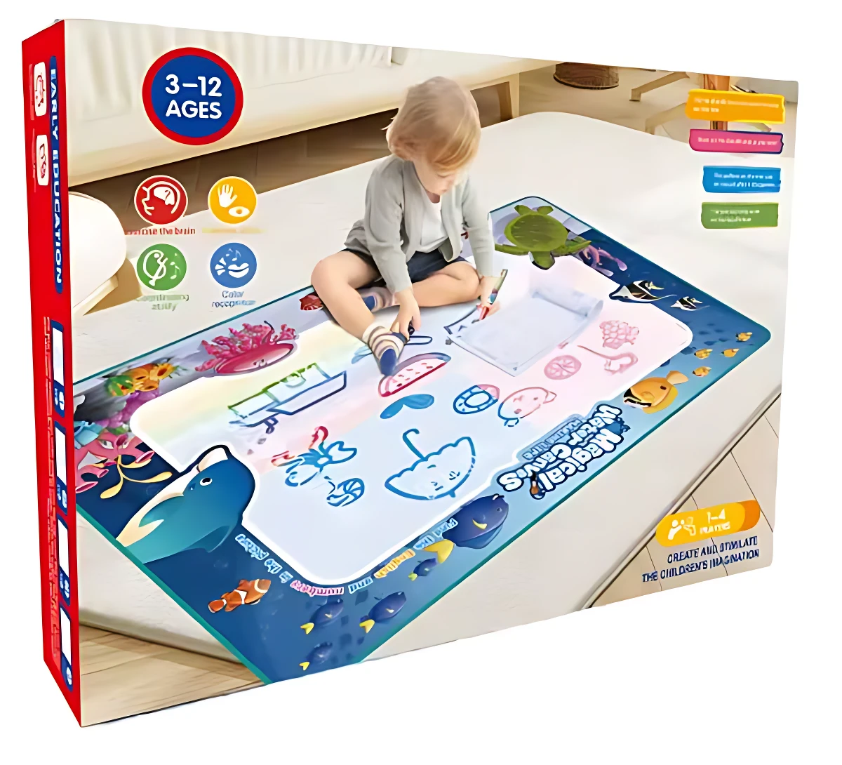 Tapete mágico de dibujo con agua para niños, en presentación rectangular con temática marina. Niño sentado sobre él, dibujando con marcador. Incluye ilustraciones de animales acuáticos y letras del alfabeto. Ideal para uso en interiores.