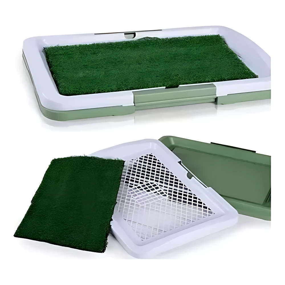 Tapete entrenador para cachorros con sistema de drenaje, en verde y blanco, mostrando vista superior y desmontada con malla interna y base removible.