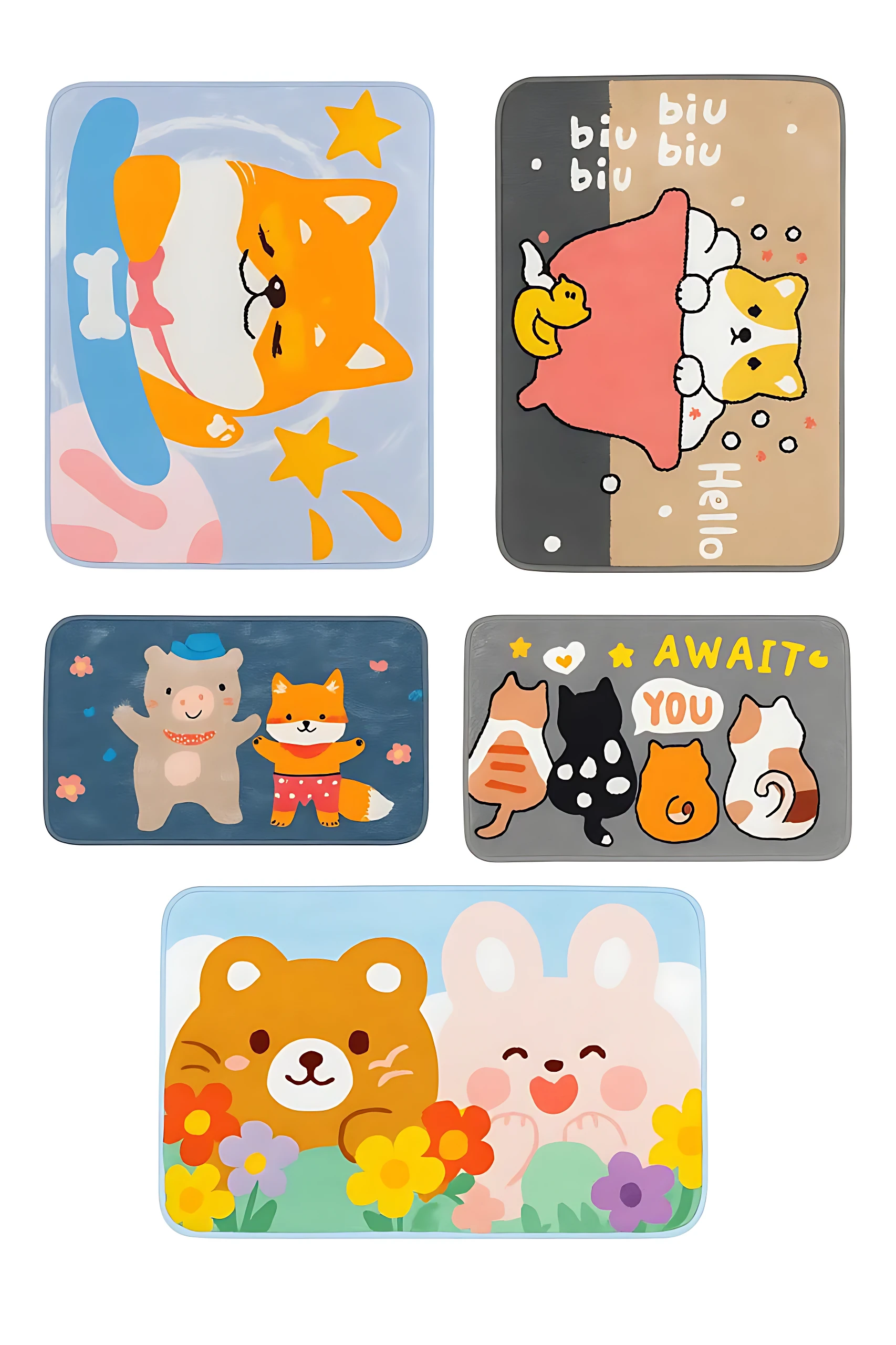 Set de dos tapetes antideslizantes para niños con diseños de animales: gato naranja, perro y conejo, ideal para proteger pisos durante el juego.