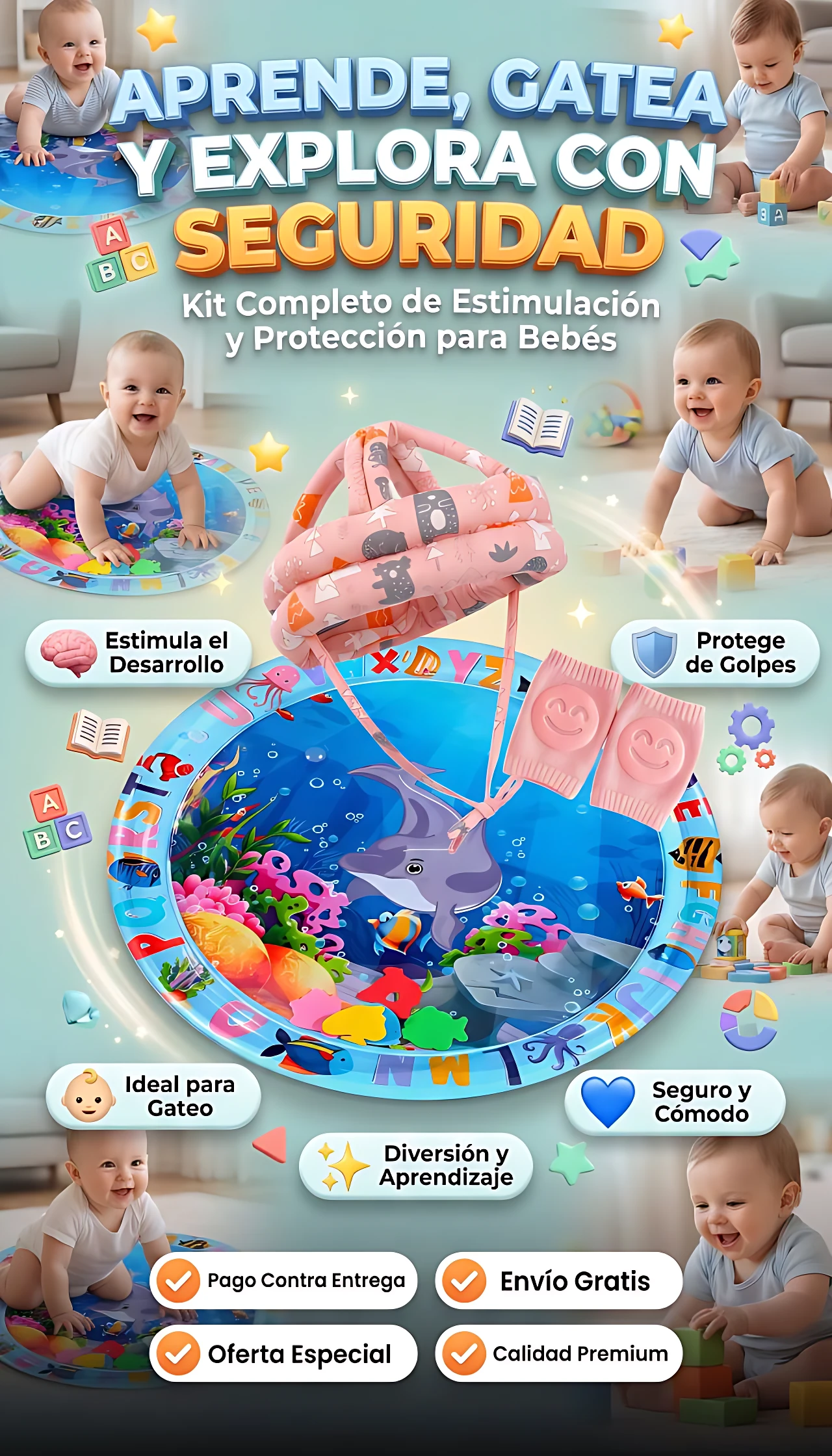 Kit de seguridad para bebé con casco rosa y rodilleras, diseñado para proteger cabeza y rodillas durante el gateo. Incluye elementos flotantes y accesorios coloridos sobre fondo azul claro.
