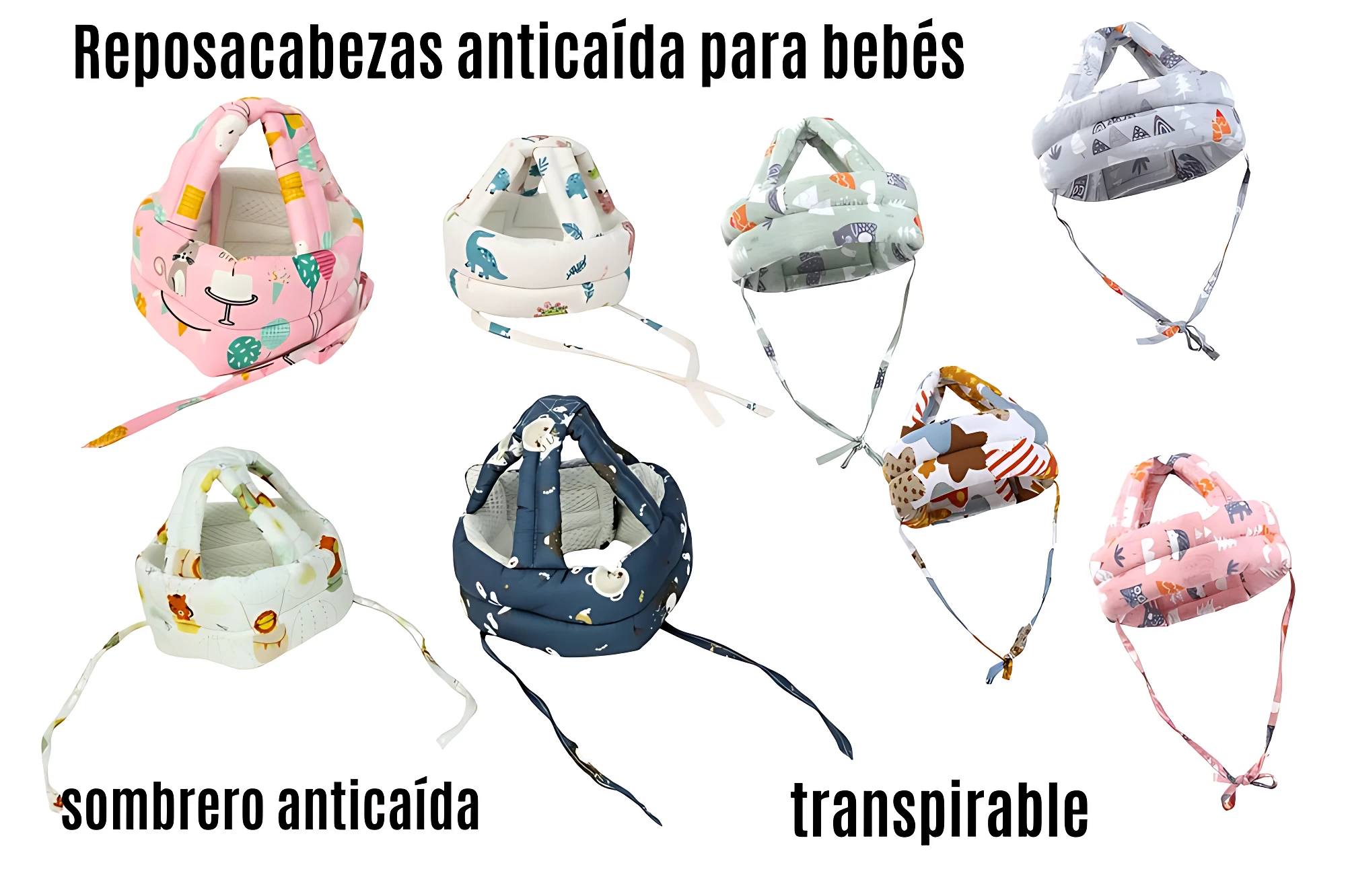 Seis reposacabezas anticaída para bebés en colores rosa, blanco, azul y gris, con estampados de animales y patrones geométricos, diseñados para proteger la cabeza durante el gateo.