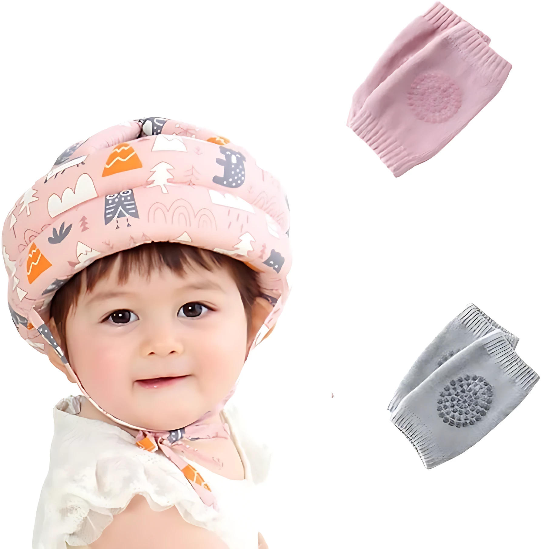 Casco rosa con estampado de animales para bebé, acompañado de rodilleras en tonos rosa y gris con textura antideslizante.