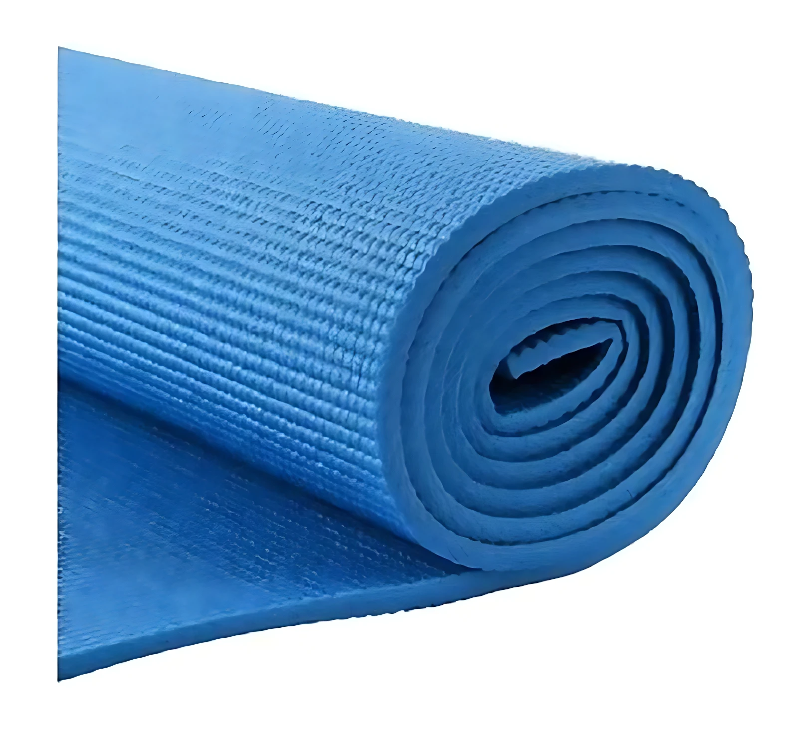 Colchoneta de yoga enrollada en color azul, con textura antideslizante visible en la superficie superior.