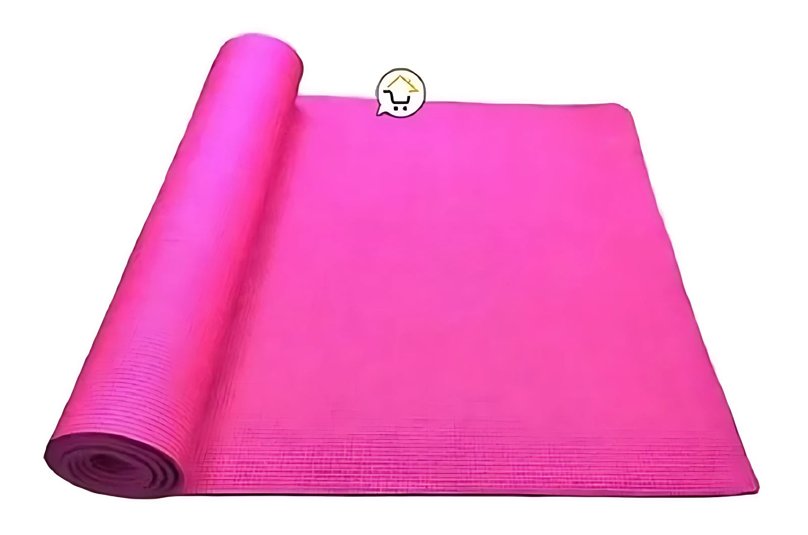 Colchoneta de yoga rosa en PVC, enrollada parcialmente sobre fondo blanco, con textura antideslizante visible en superficie.