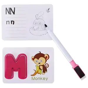 Tarjetas educativas borrables con letras mayúsculas y dibujos, incluyen marcador y borrador para escribir y borrar.
