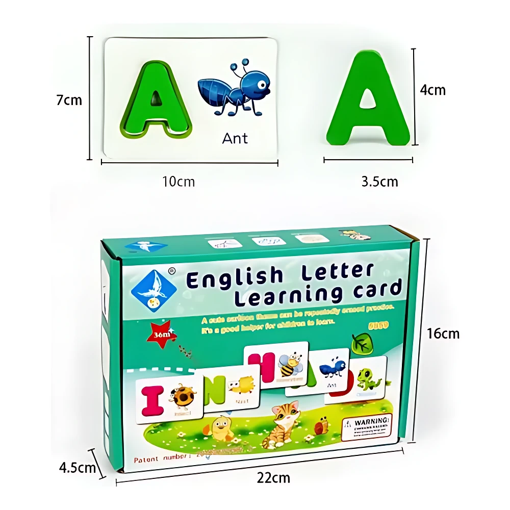 Tarjetas de aprendizaje inglés para niños, con letras y dibujos. Caja de 22x16 cm, incluye tarjetas de 10x7 cm con la letra A y la palabra Ant.