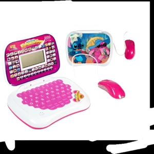 Teclado infantil de plástico rosa y blanco con pantalla LCD, ratón y estuche con personajes de Stitch para estimular la motricidad fina.