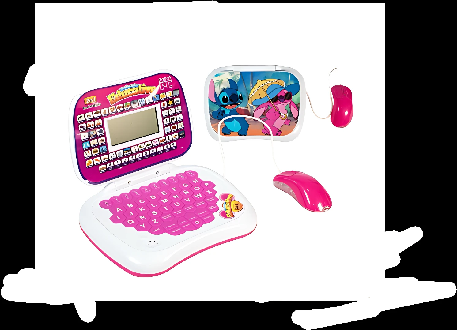 Teclado infantil de plástico rosa y blanco con pantalla LCD, ratón y estuche con personajes de Stitch para estimular la motricidad fina.