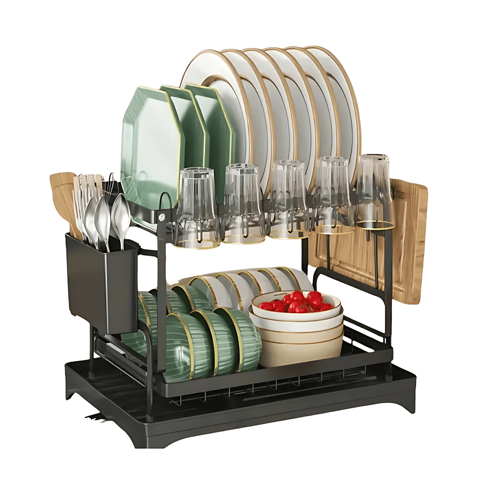 Organizador de vajilla negro con base de drenaje, mostrando platos, vasos, cubiertos y frutas en estantes superiores e inferiores.