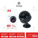 Cámara de seguridad A9 en color negro, con base de sujeción y diseño compacto. Incluye caja con del producto, logotipo HD y texto "Battery IP Camera".