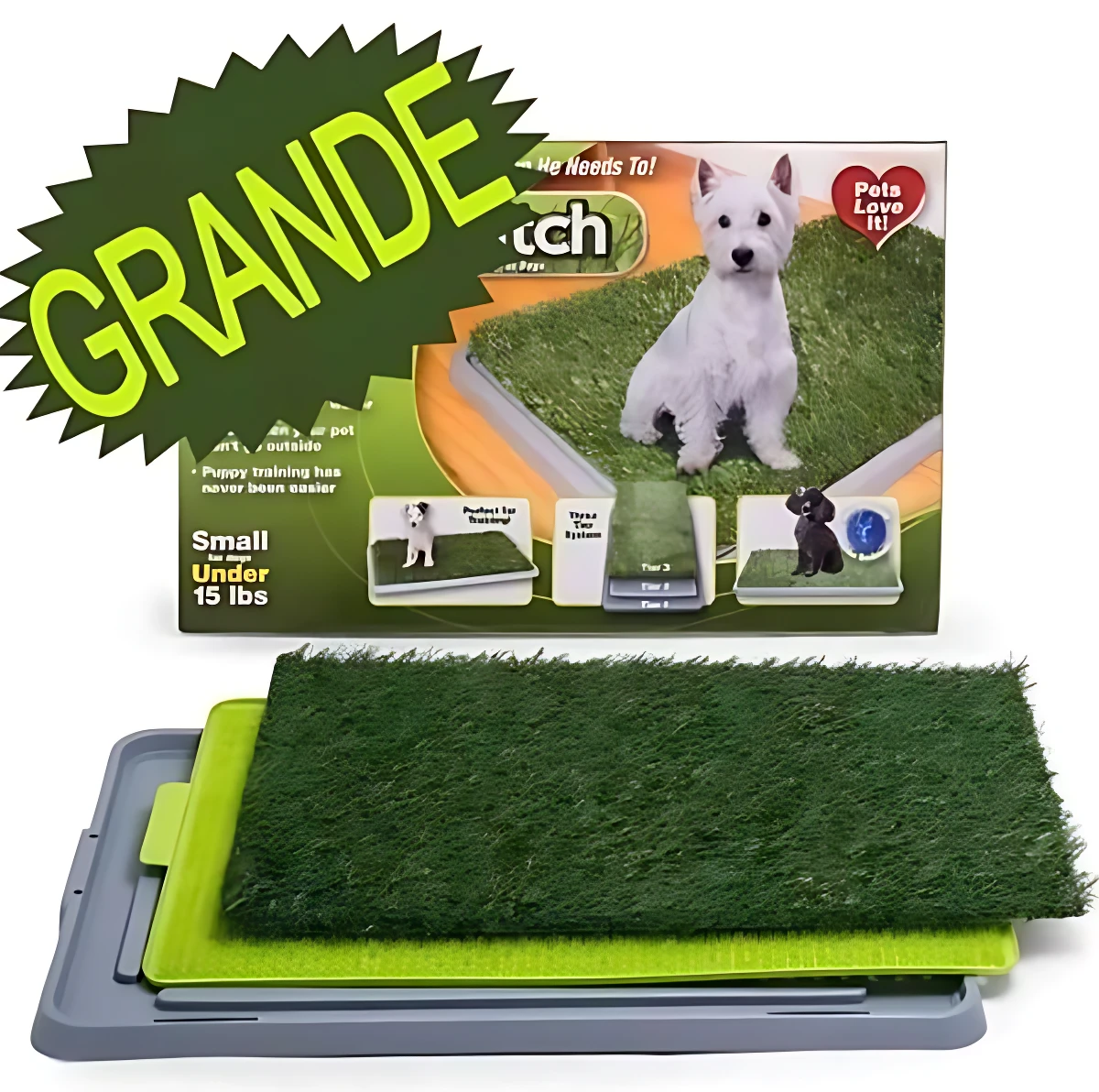 Tapete de entrenamiento para perro grande con césped real, en caja y desplegado, con base gris y superficie verde. Ideal para cachorros de hasta 15 libras.