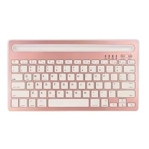 Teclado inalámbrico compacto en color rosa, con diseño minimalista y teclas blancas sobre base metálica, ideal para uso móvil.
