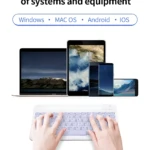 Teclado Bluetooth blanco lila con 78 teclas, manos escribiendo sobre él, compatible con Windows, Mac OS, Android e iOS.