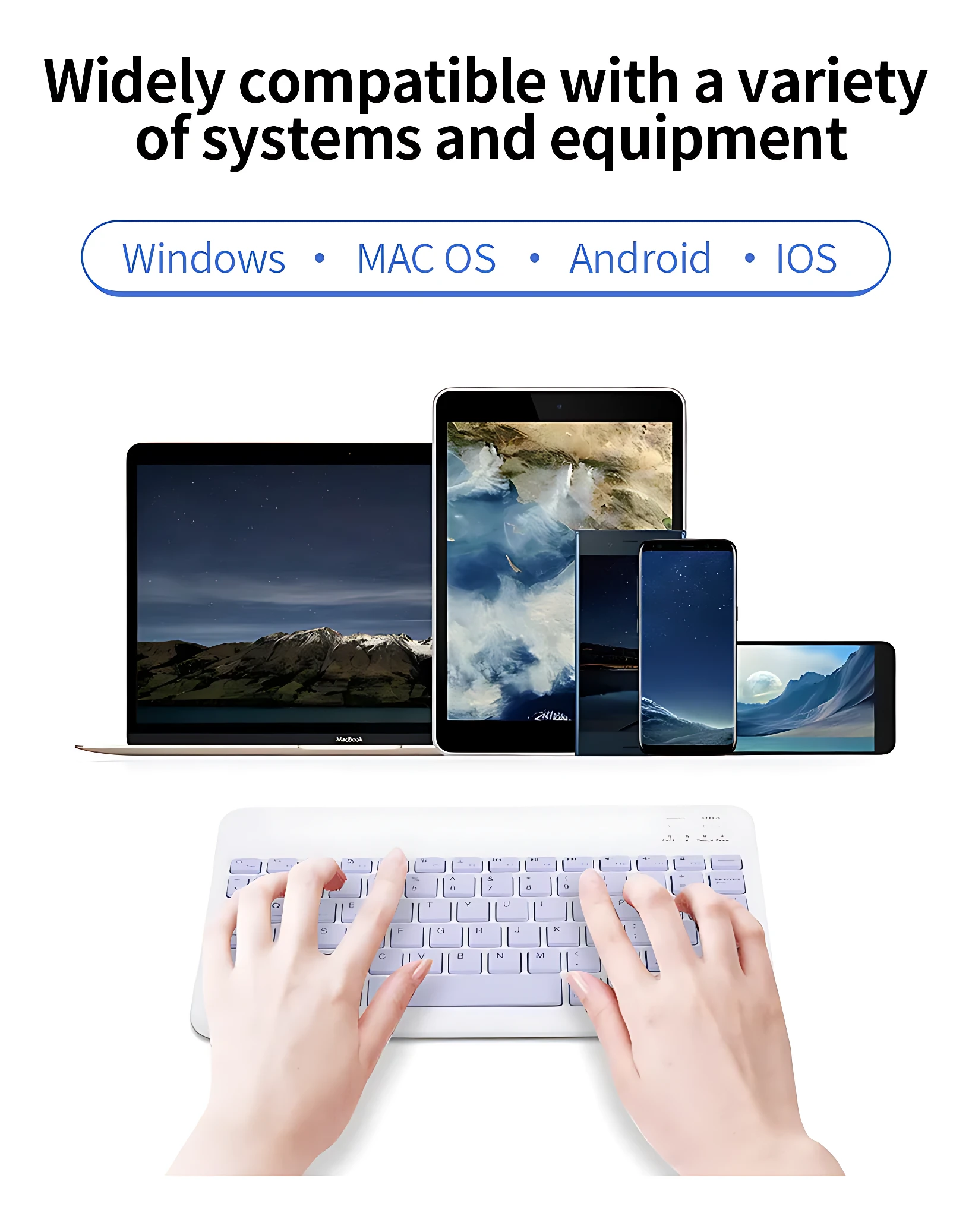 Teclado Bluetooth blanco lila con 78 teclas, manos escribiendo sobre él, compatible con Windows, Mac OS, Android e iOS.