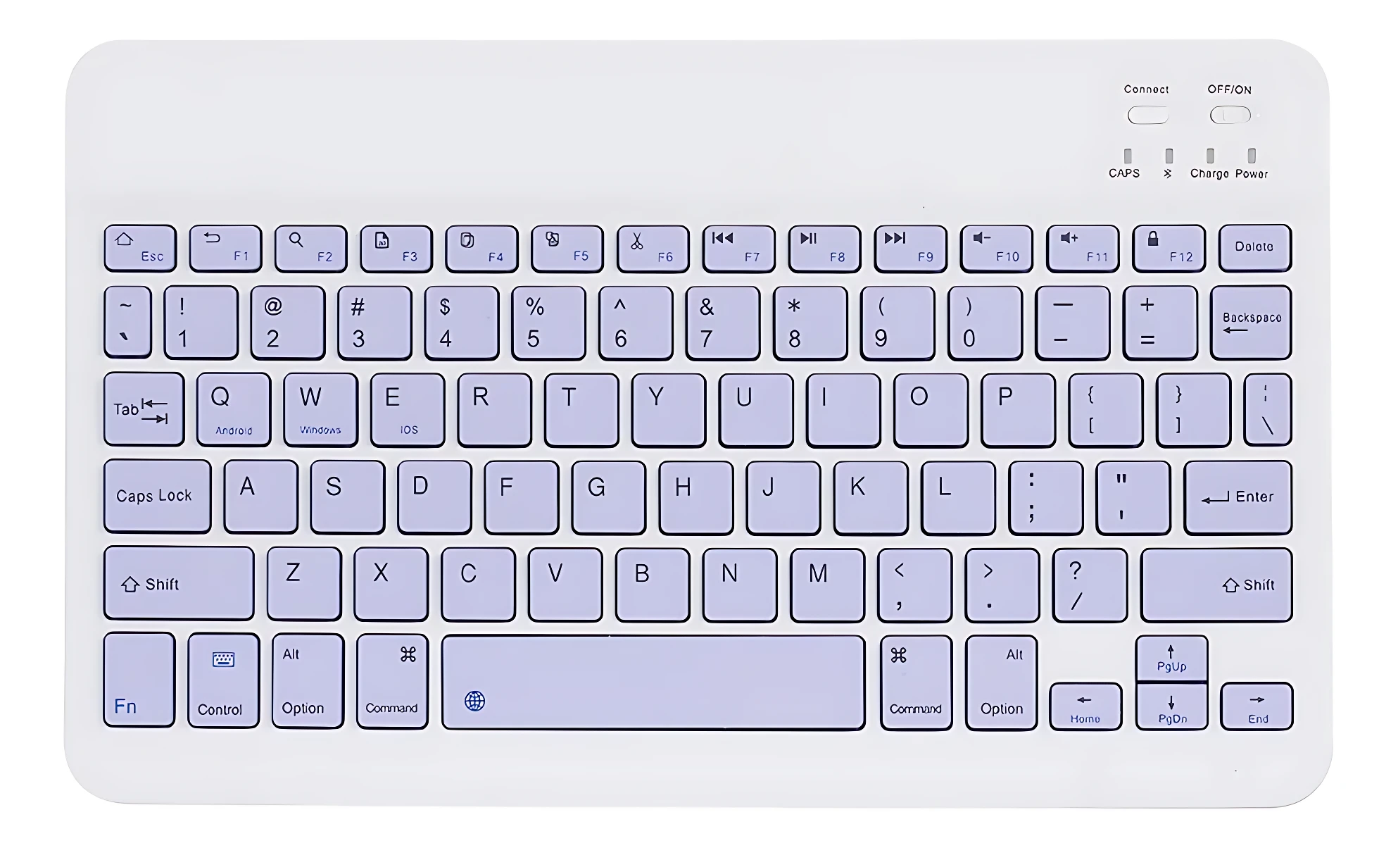 Teclado Bluetooth blanco lila con 78 teclas, diseño compacto y botones funcionales para escritura en dispositivos móviles.