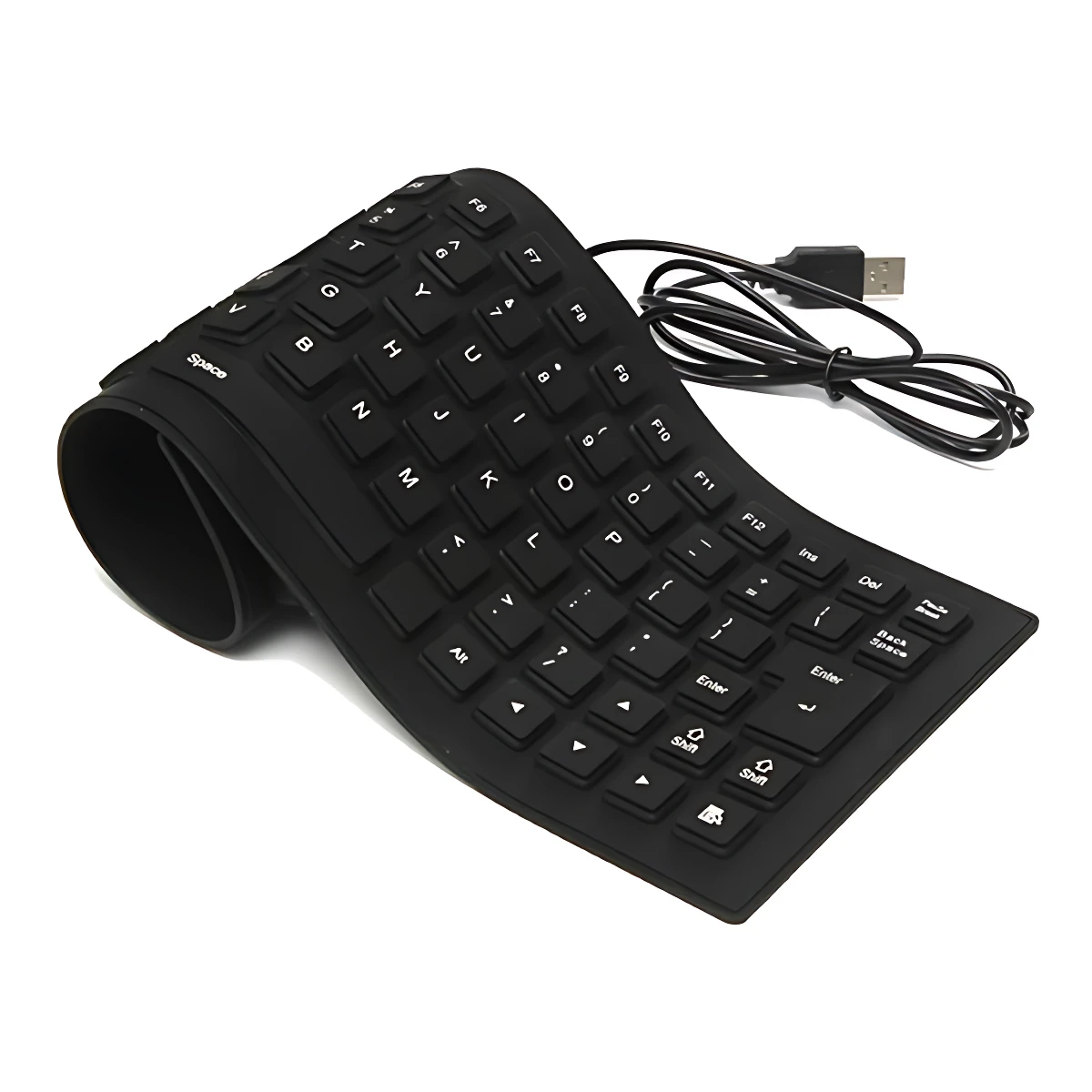 Teclado flexible negro plegado con cable USB, diseño compacto para espacios reducidos.