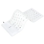 Teclado flexible blanco plegado, con cable USB visible, diseño ergonómico para escritorios pequeños.
