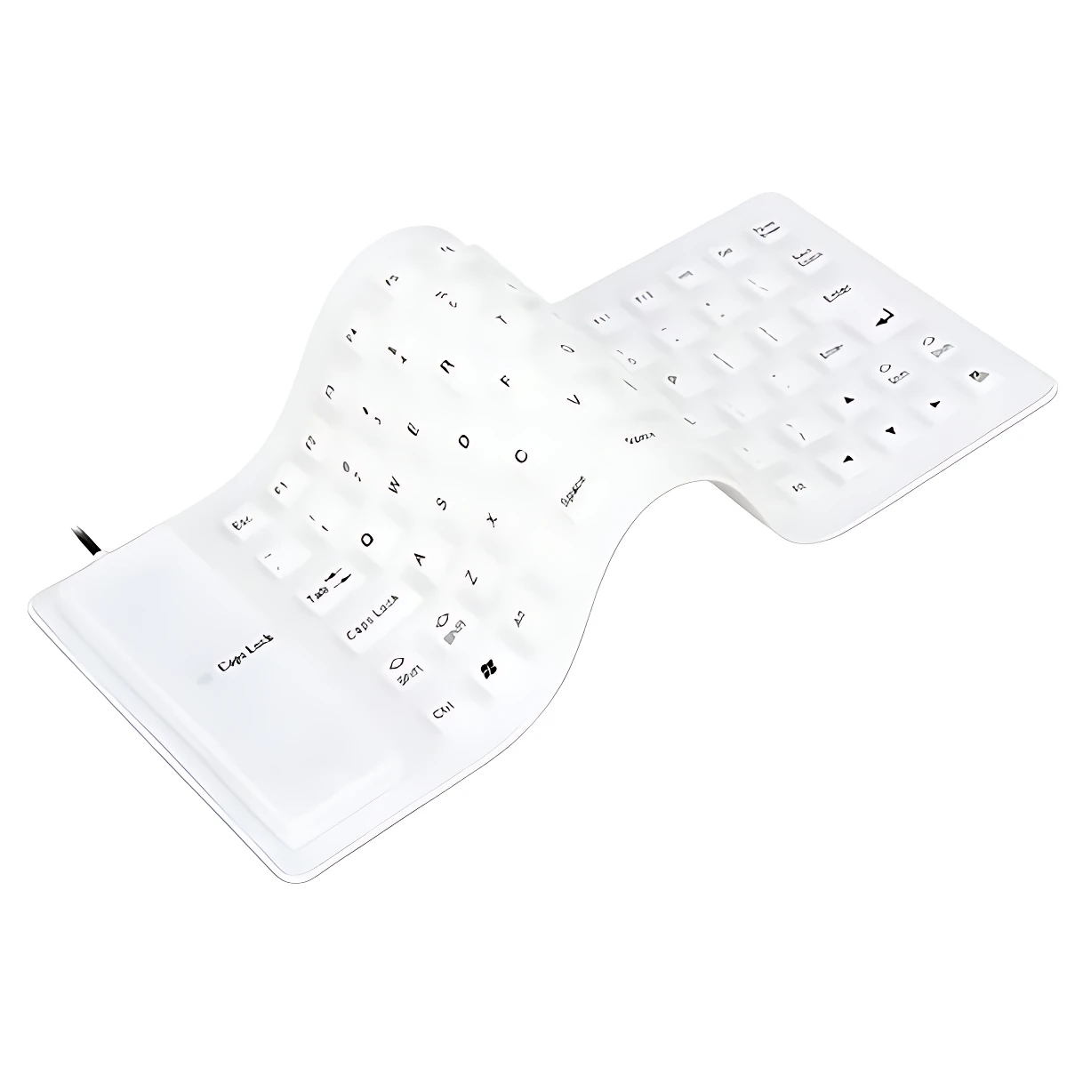 Teclado flexible blanco plegado, con cable USB visible, diseño ergonómico para escritorios pequeños.