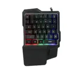 Teclado mecánico para una mano con iluminación RGB, diseño ergonómico y reposamuñecas integrado.