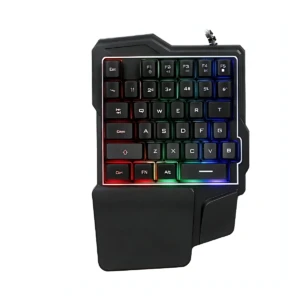Teclado mecánico para una mano con iluminación RGB, diseño ergonómico y reposamuñecas integrado.