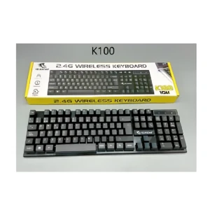 Teclado inalámbrico K100 negro con caja amarilla, mostrando diseño compacto y conexión 2.4G.