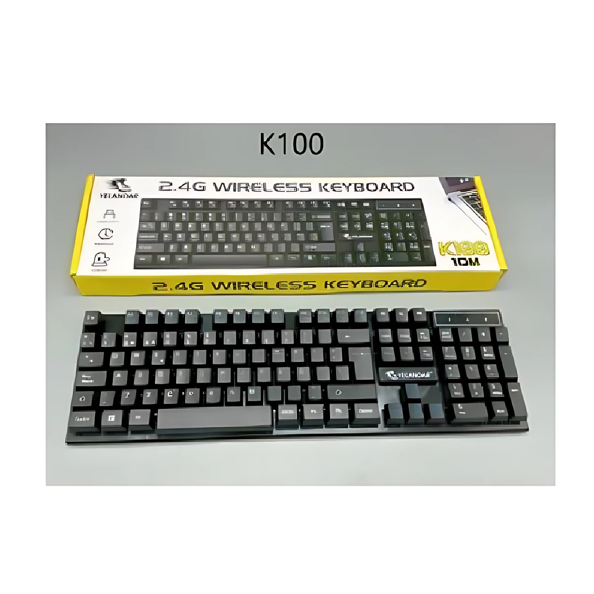 Teclado inalámbrico K100 negro con caja amarilla, mostrando diseño compacto y conexión 2.4G.