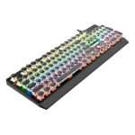 Teclado mecánico gamer con teclas redondas multicolores y base negra, visto en ángulo diagonal sobre fondo blanco.