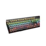 Teclado mecánico gamer con teclas redondas en colores arcoíris, vista diagonal sobre fondo blanco.