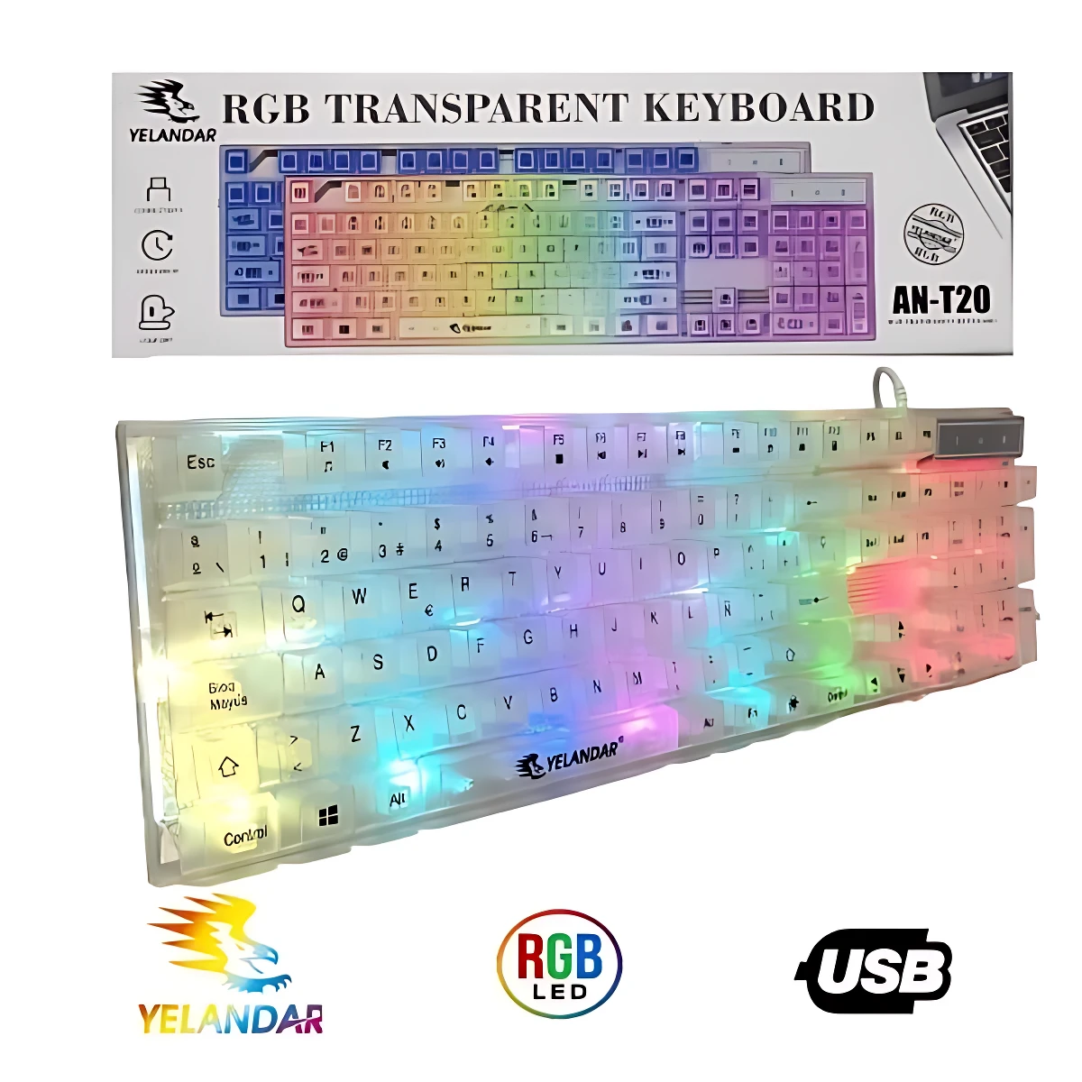 Teclado RGB transparente Yelandar AN-T20 con iluminación LED multicolor, vista frontal y caja de presentación.