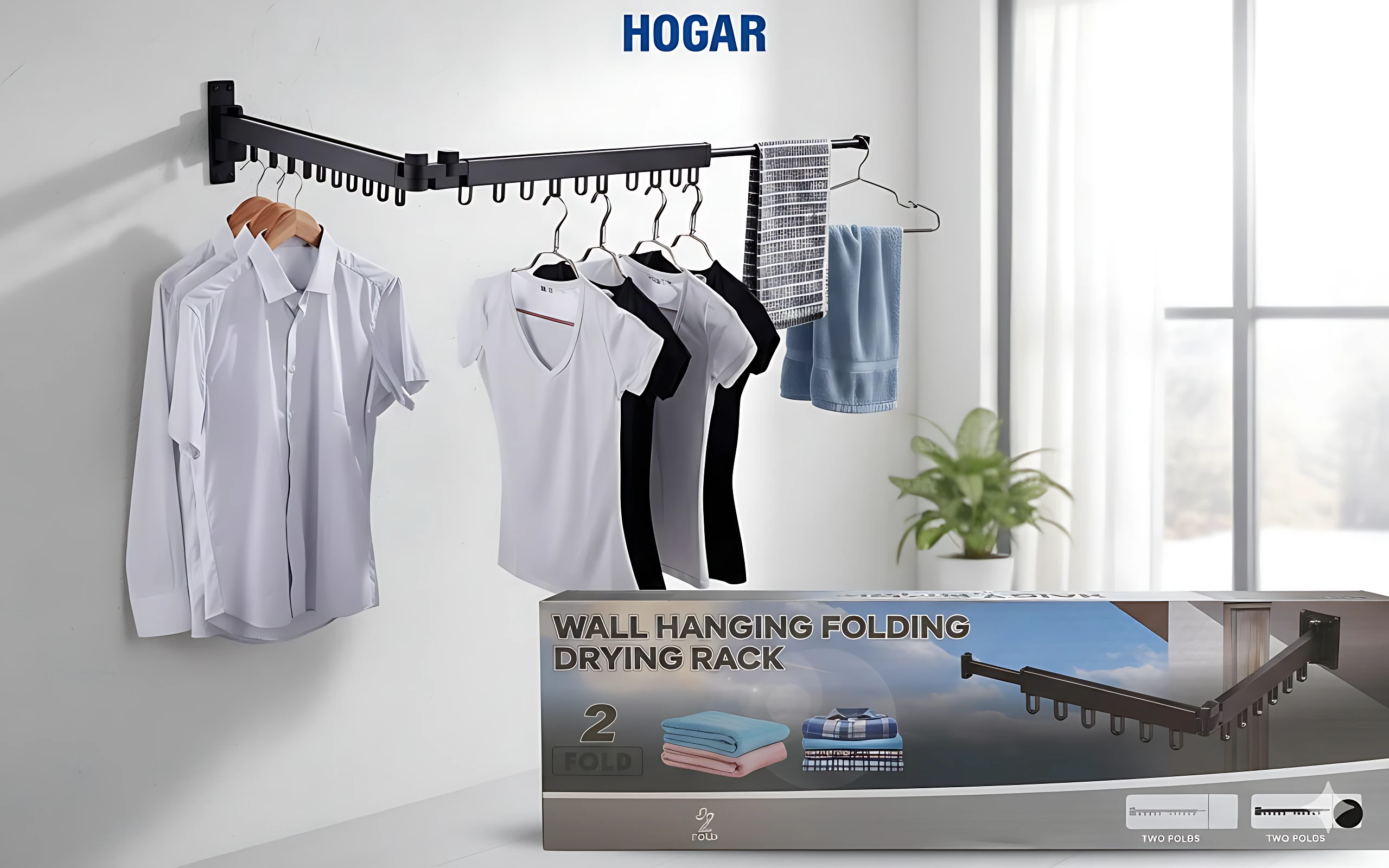 Tendedero plegable de metal negro mate montado en pared, con ropa colgada y caja del producto visible en primer plano.