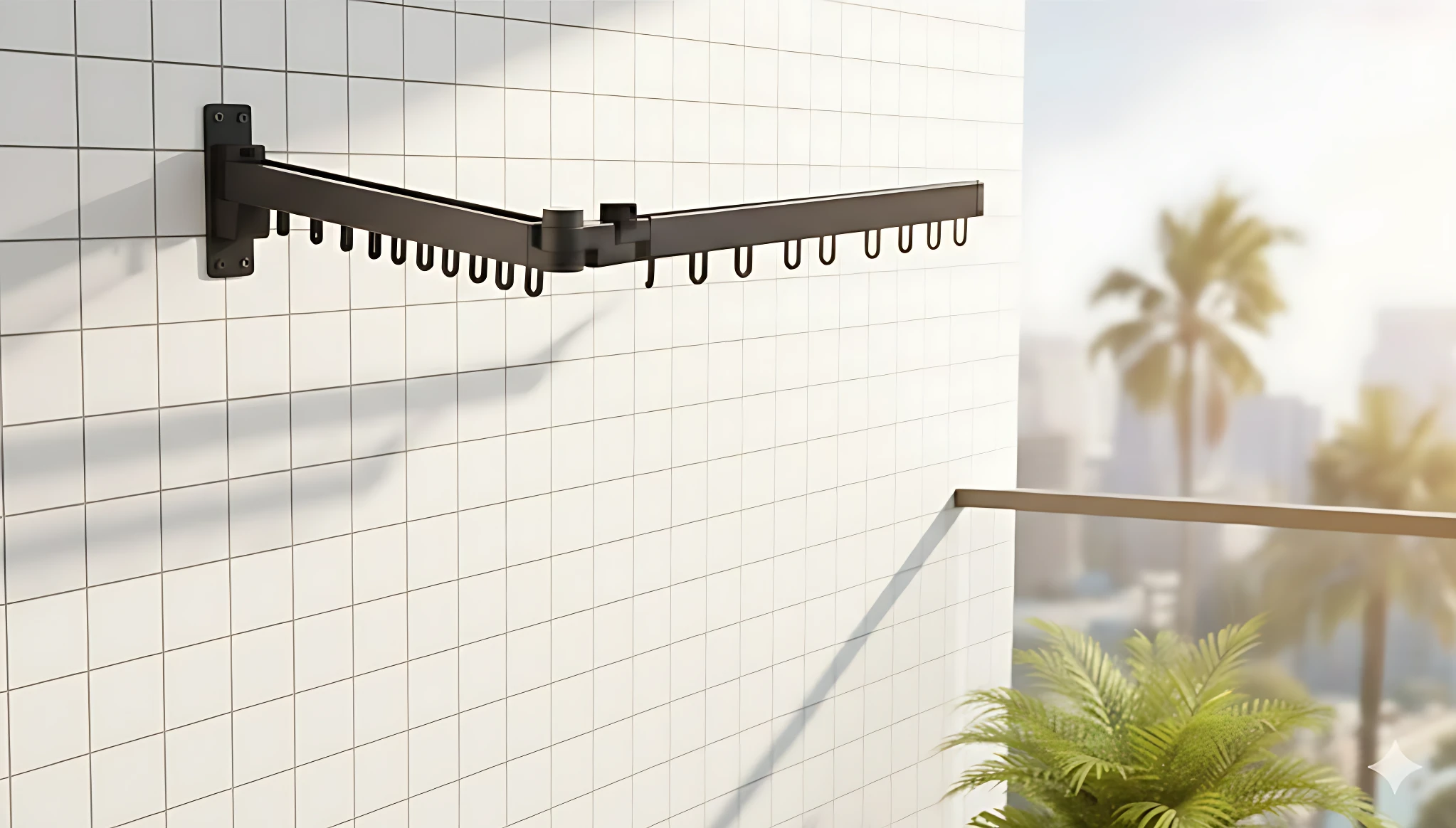 Tendedero plegable de metal negro mate montado en pared con rejilla, diseñado para secar ropa sin ocupar espacio en el suelo.