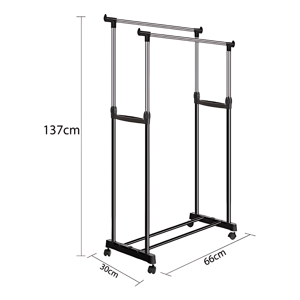 Tendedero de ropa doble en color negro, con altura de 137 cm y profundidad de 66 cm, diseñado para organizar prendas en espacios reducidos.