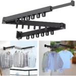 Tendedero extensible plegable negro con ganchos, mostrado en tres vistas: cerrado, abierto y en uso colgando ropa. Ideal para balcones o interiores.