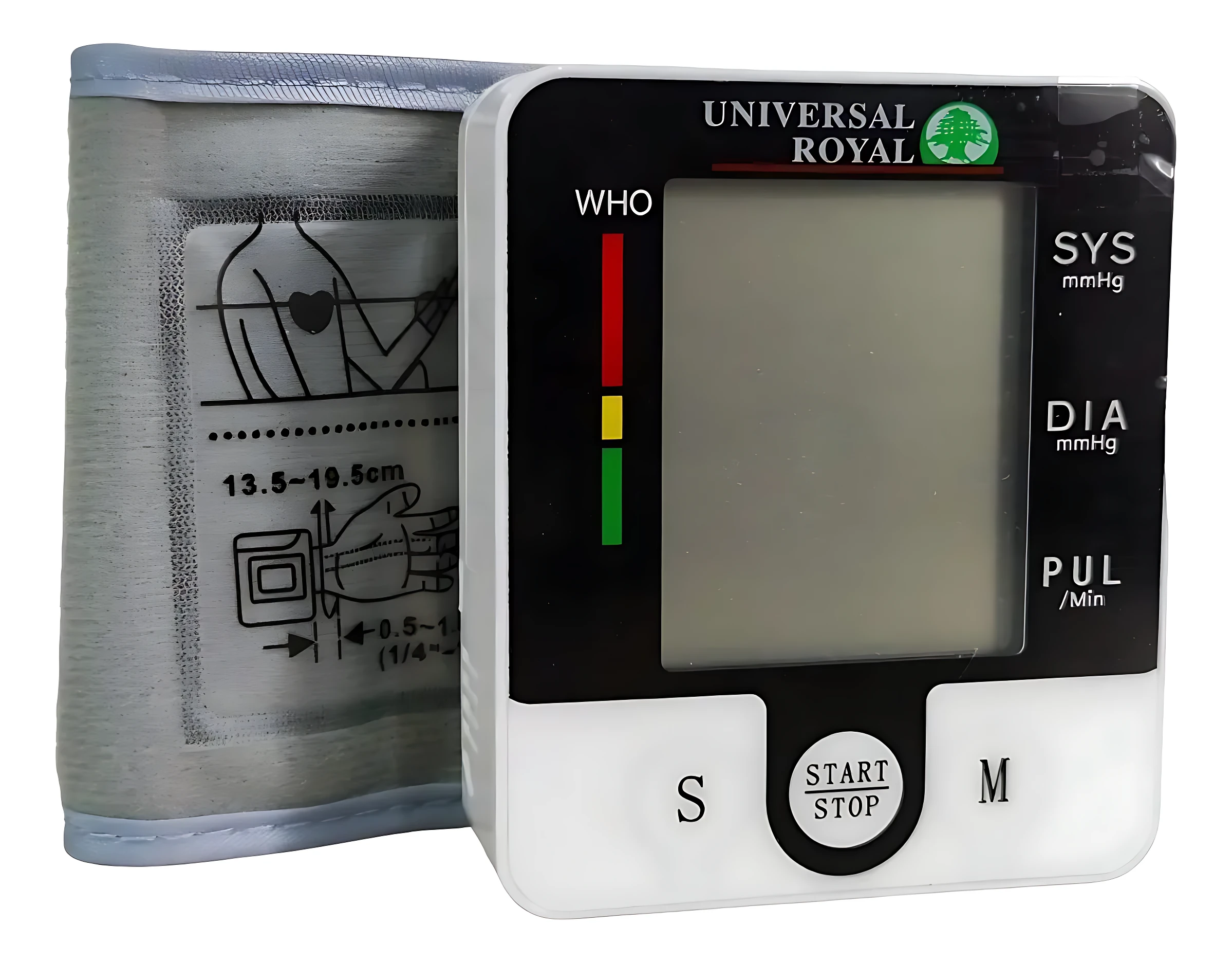 Tensiómetro de muñeca Universal Royal con pantalla grande, indicador WHO en rojo, amarillo y verde, y manguito gris con medidas visibles de 13.5 a 19.5 cm.