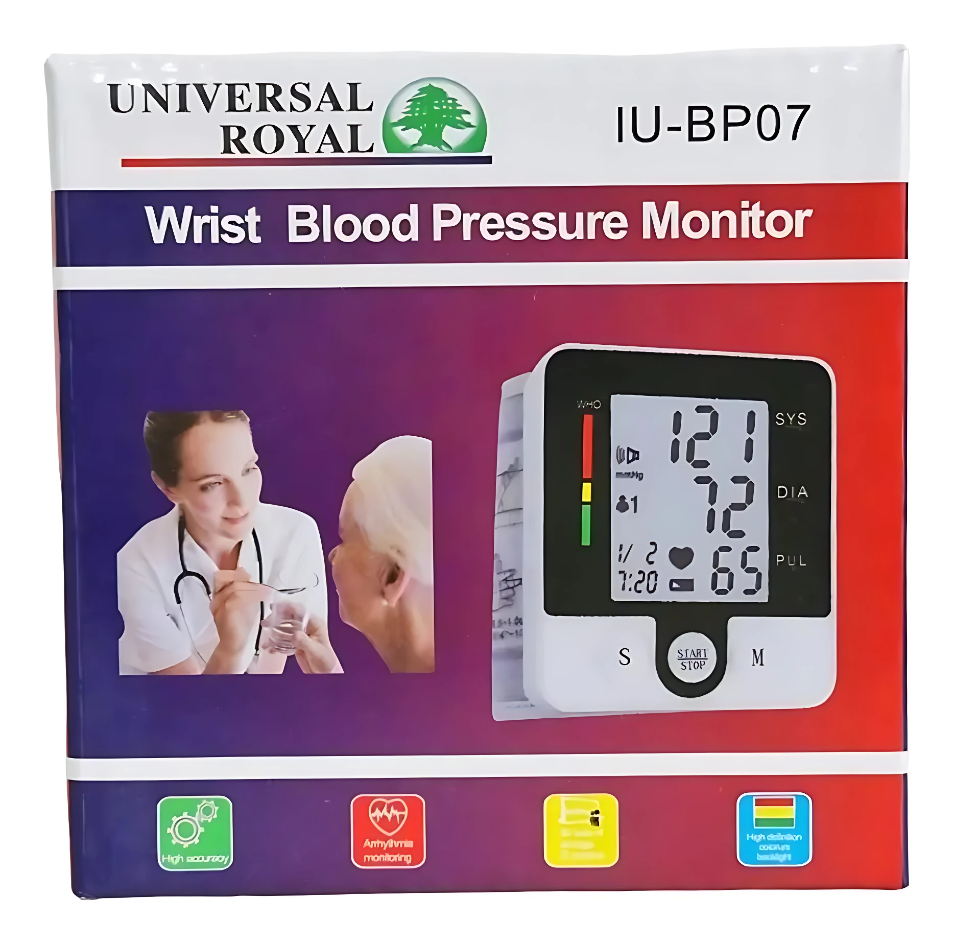 Tensiómetro de muñeca Universal Royal, modelo IU-BP07, con pantalla digital grande que muestra presión sistólica, diastólica y latidos por minuto. Incluye de médico atendiendo paciente mayor.