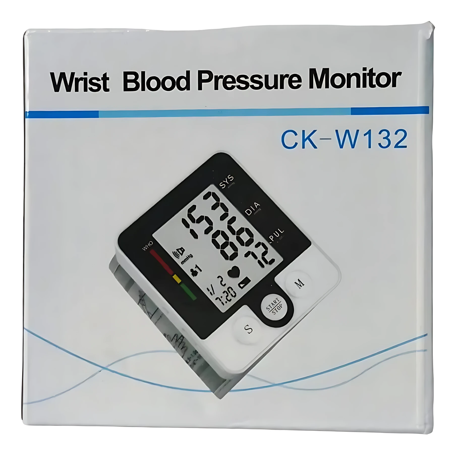 Tensiómetro de muñeca CK-W132, caja blanca con monitor digital negro y pantalla grande mostrando lecturas de presión arterial y ritmo cardíaco.